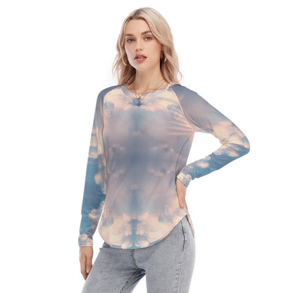 Women's Raglan Sleeves U-Shaped Hem Long Sleeves Blouse