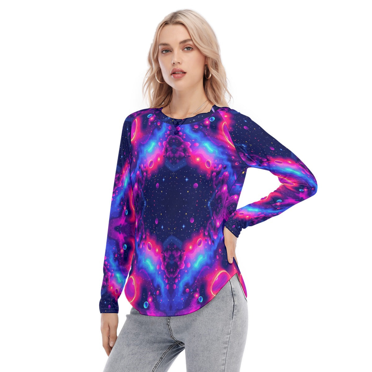 Women's Raglan Sleeves U-Shaped Hem Long Sleeves Blouse