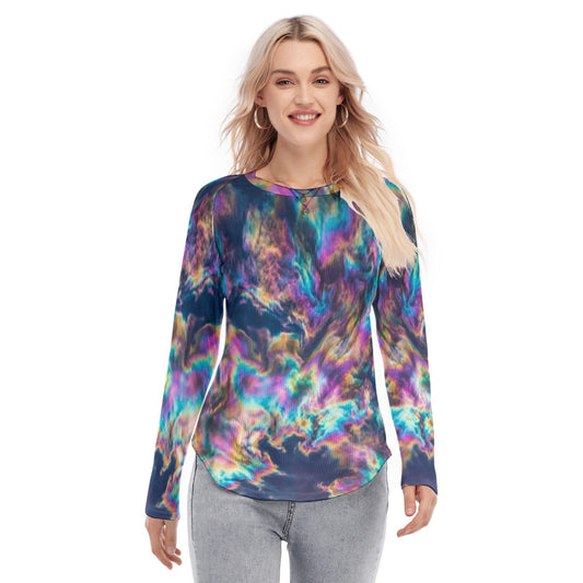 Women's Raglan Sleeves U-Shaped Hem Long Sleeves Blouse