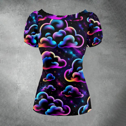 All-over print Women's Puff Sleeve Pleated Shirt