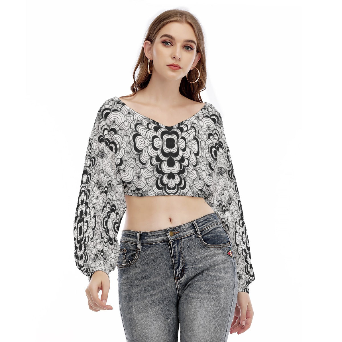 Women's V-neck Long Sleeve Cropped Sweatshirt