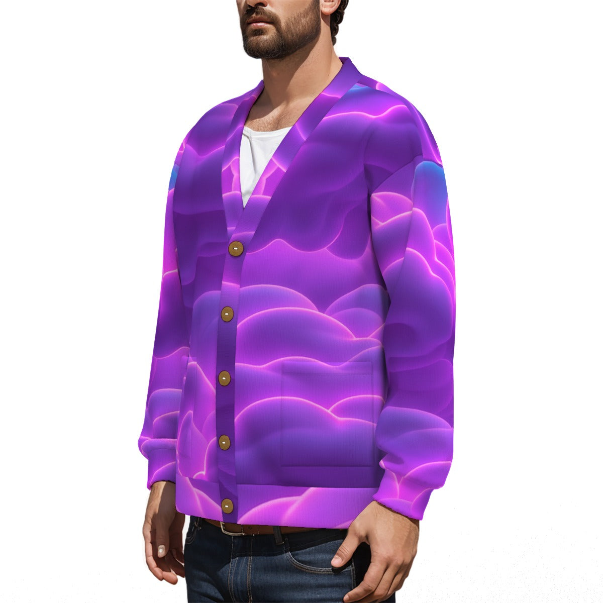 Unisex V-neck Knitted Fleece Cardigan With Button Closure