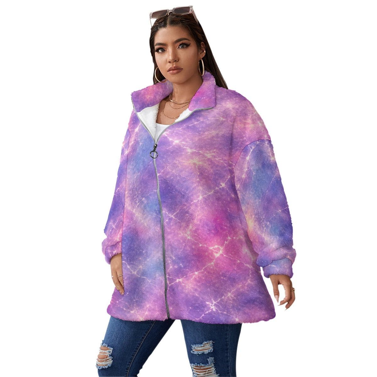 Unisex Borg-Fleece Stand-Up Collar Zip Coat — Plus Size - view 2