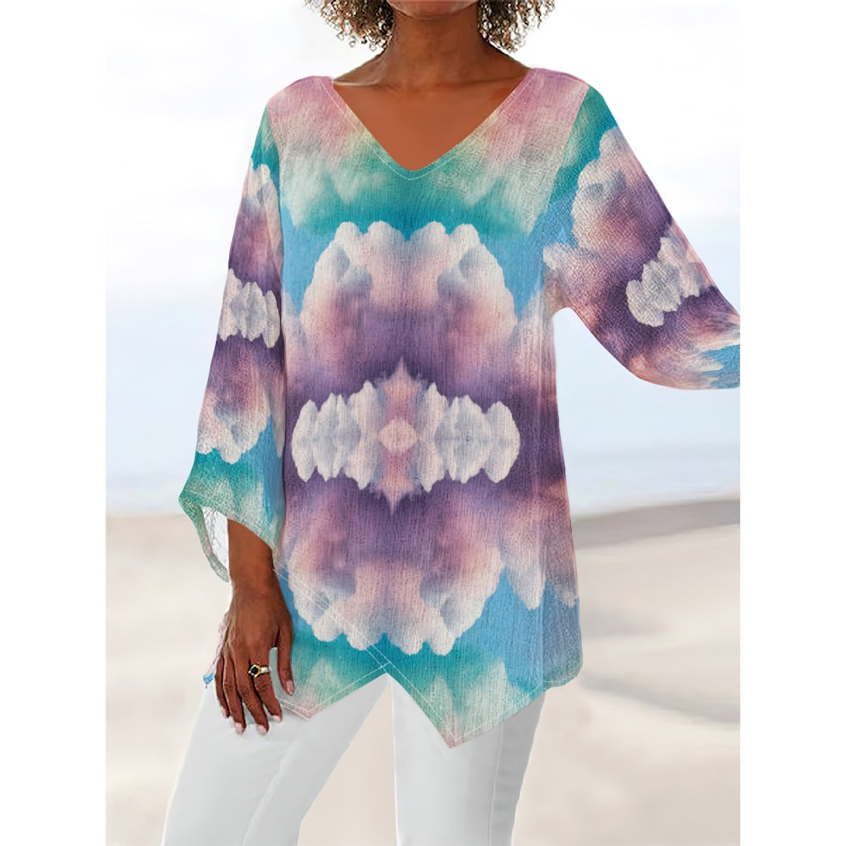 Women's V-neck T-shirt With Irregular Hem