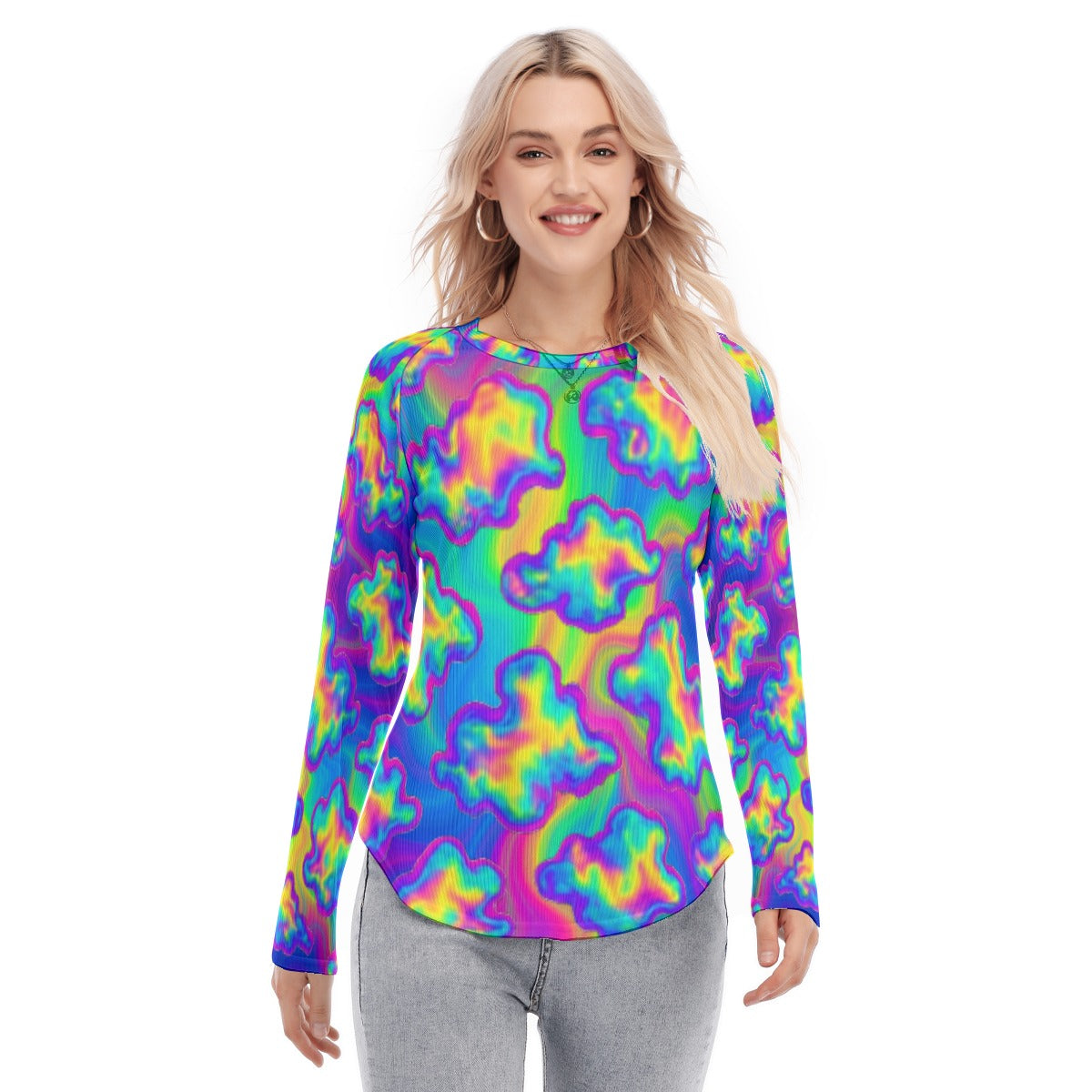 Women's Raglan Sleeves U-Shaped Hem Long Sleeves Blouse