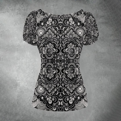 All-over print Women's Puff Sleeve Pleated Shirt