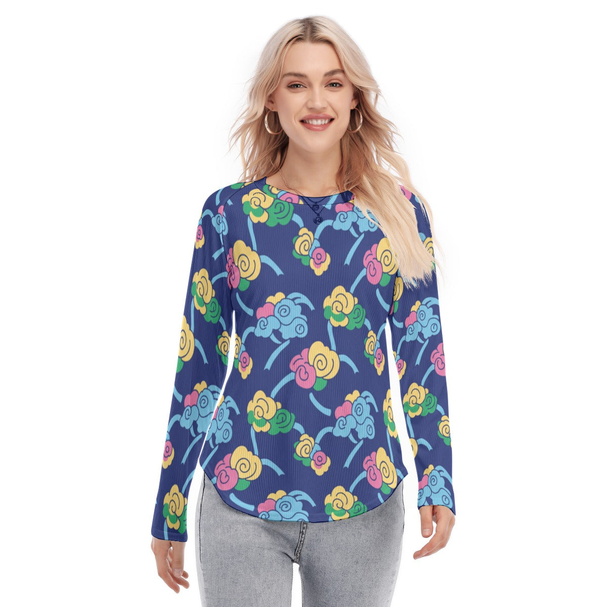 Women's Raglan Sleeves U-Shaped Hem Long Sleeves Blouse