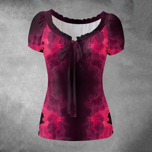 All-over print Women's Puff Sleeve Pleated Shirt