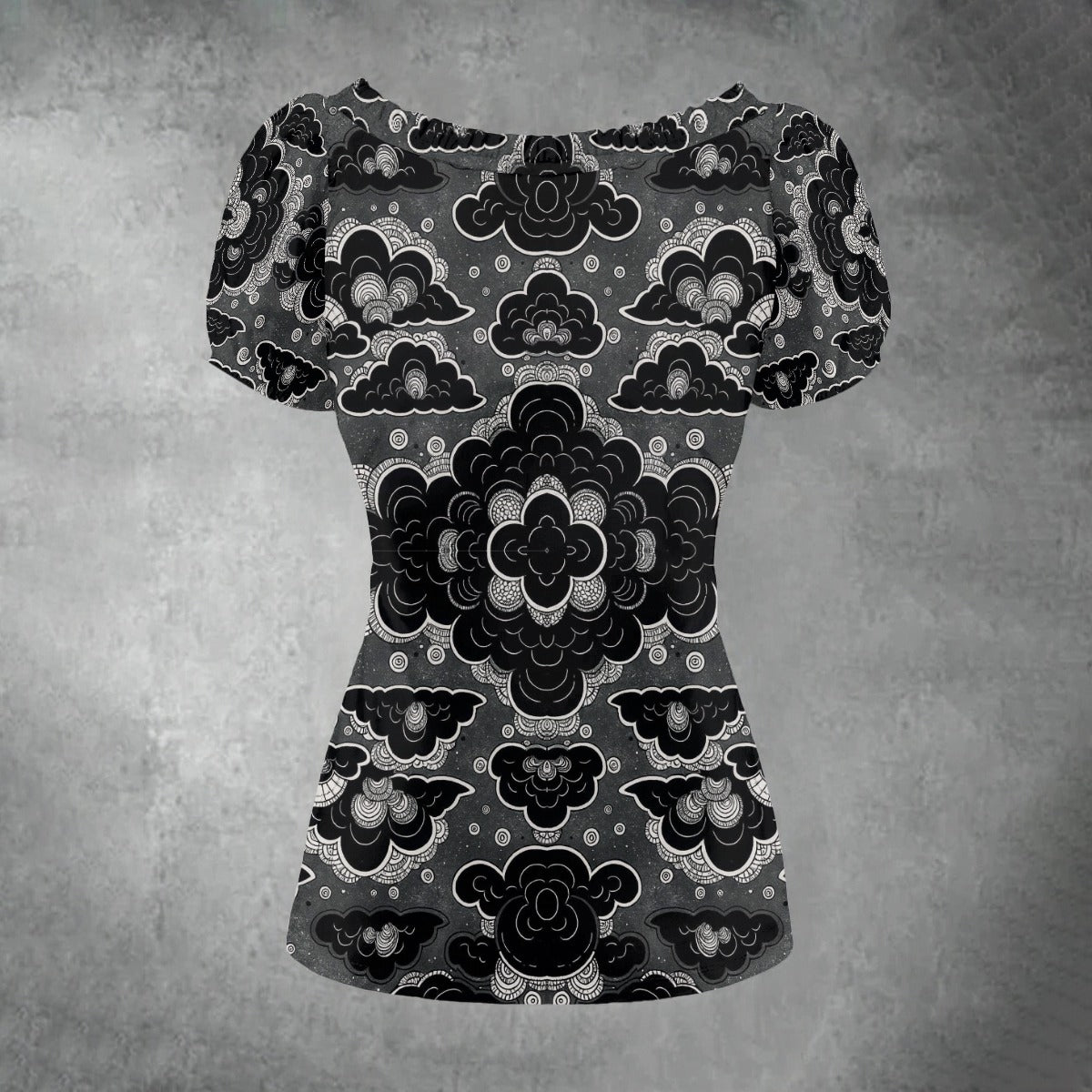 All-over print Women's Puff Sleeve Pleated Shirt