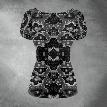 All-over print Women's Puff Sleeve Pleated Shirt