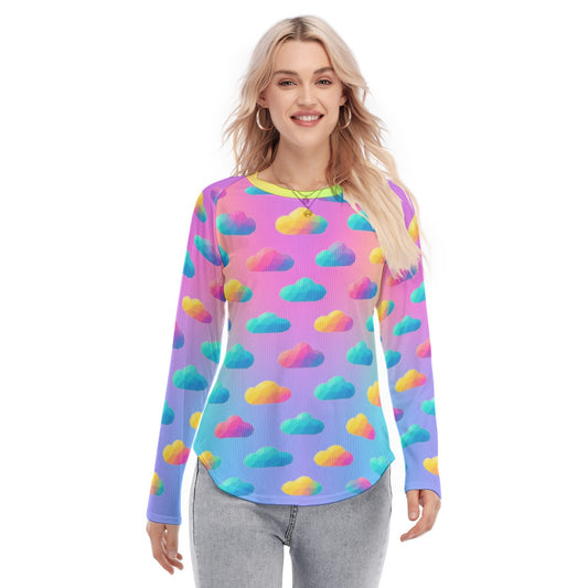 Women's Raglan Sleeves U-Shaped Hem Long Sleeves Blouse