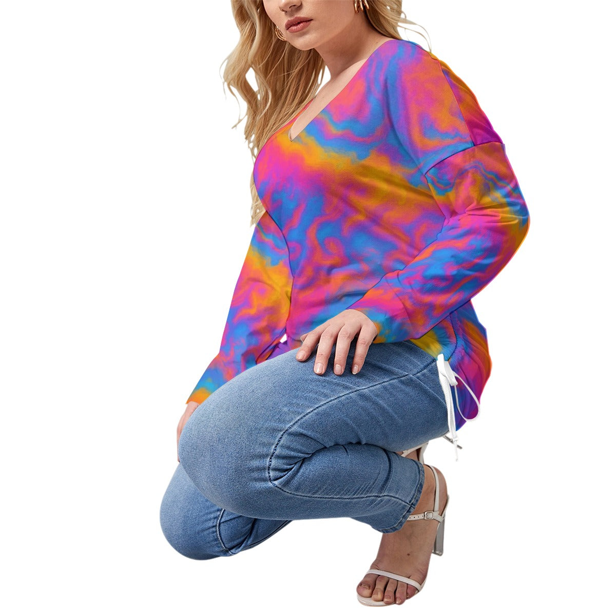 Unisex Women’s V-neck T-shirt With Side Drawstring(Plus Size)