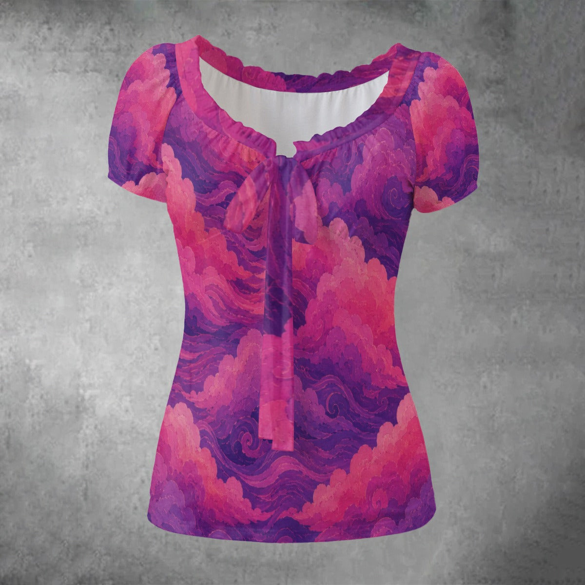 All-over print Women's Puff Sleeve Pleated Shirt
