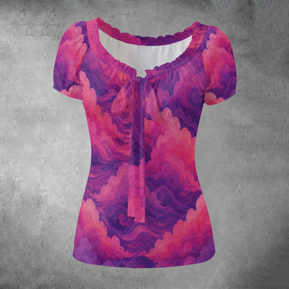 All-over print Women's Puff Sleeve Pleated Shirt