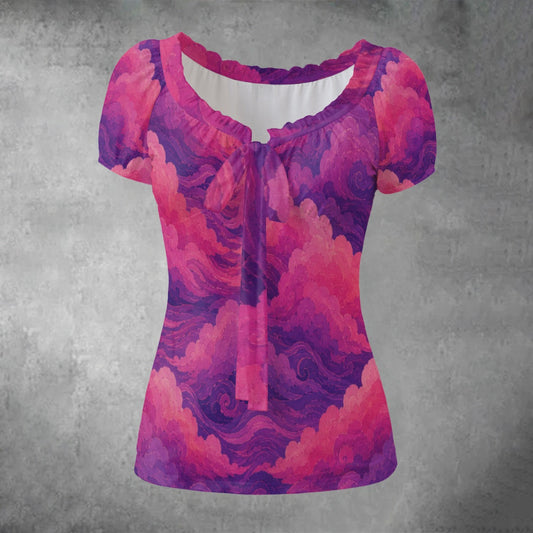 All-over print Women's Puff Sleeve Pleated Shirt