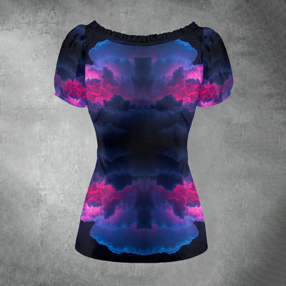 All-over print Women's Puff Sleeve Pleated Shirt