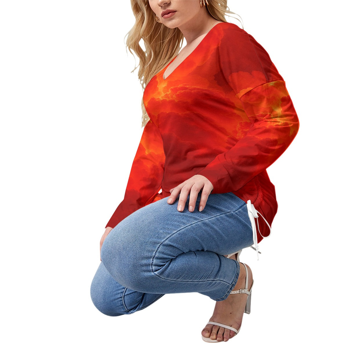 Unisex Women’s V-neck T-shirt With Side Drawstring(Plus Size)