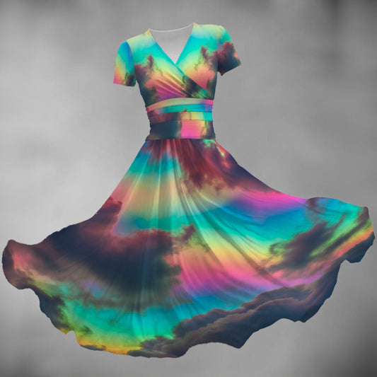 All-over Print Women's Short Sleeve V Neck Midi Dress