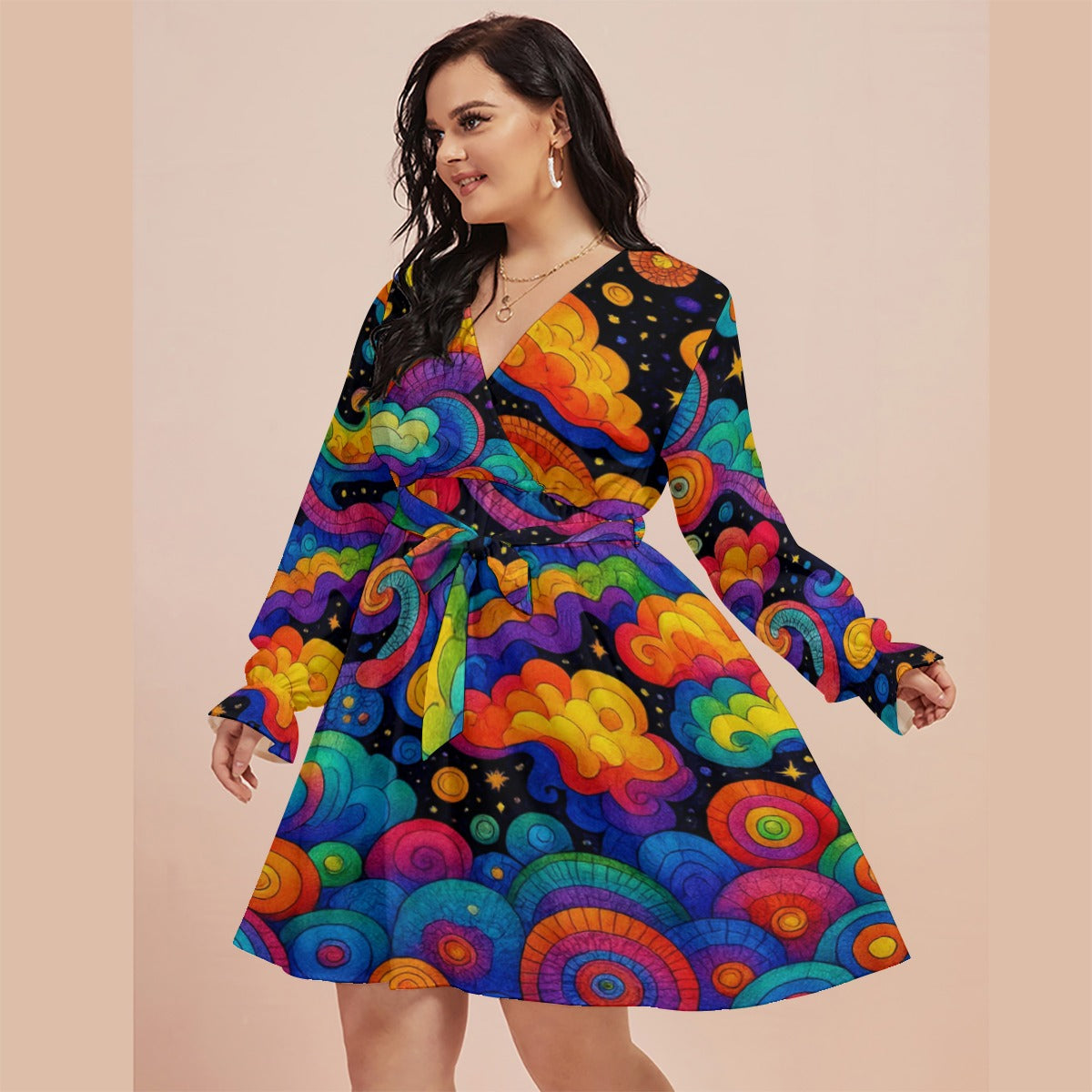 Women's V-neck Dress With Waistband(Plus Size)