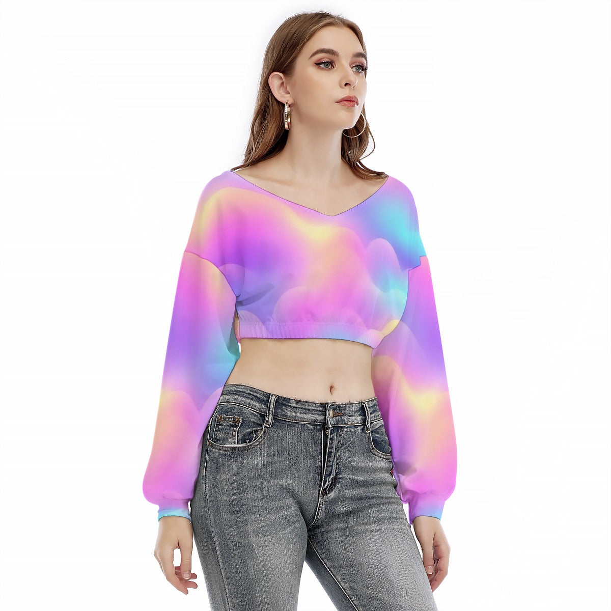 Women's V-neck Long Sleeve Cropped Sweatshirt