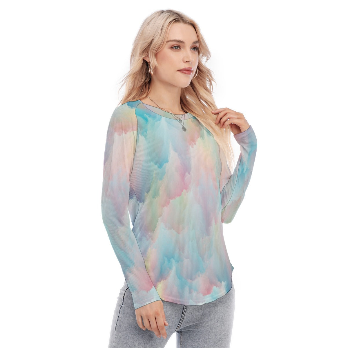 Women's Raglan Sleeves U-Shaped Hem Long Sleeves Blouse