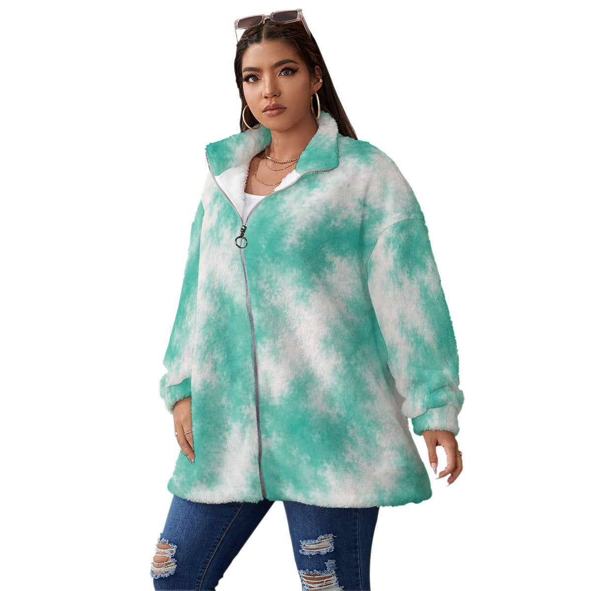 Unisex Borg-Fleece Stand-Up Collar Zip Coat — Plus Size - view 2