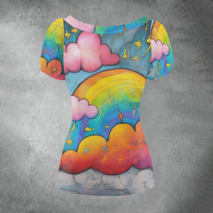 All-over print Women's Puff Sleeve Pleated Shirt