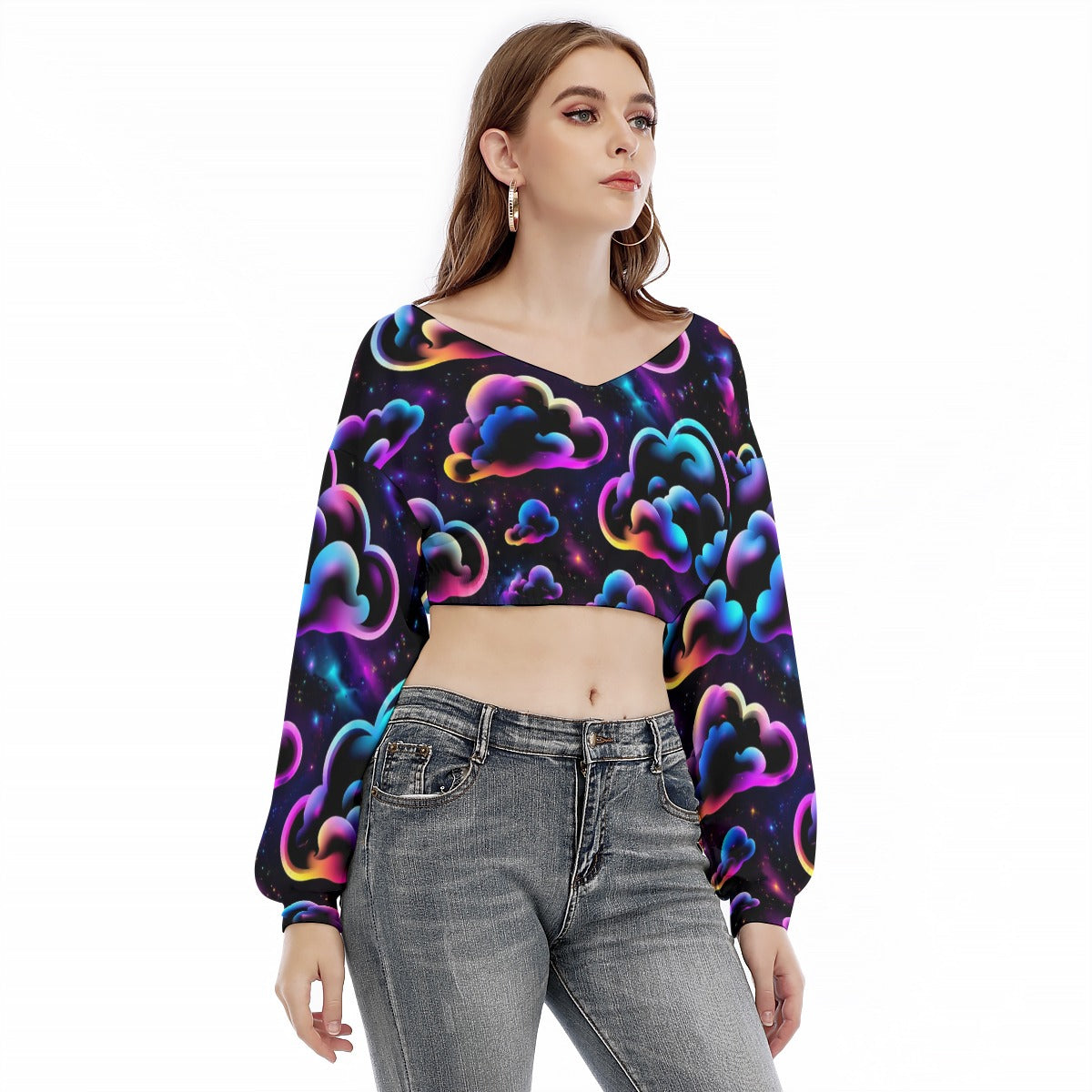 Women's V-neck Long Sleeve Cropped Sweatshirt