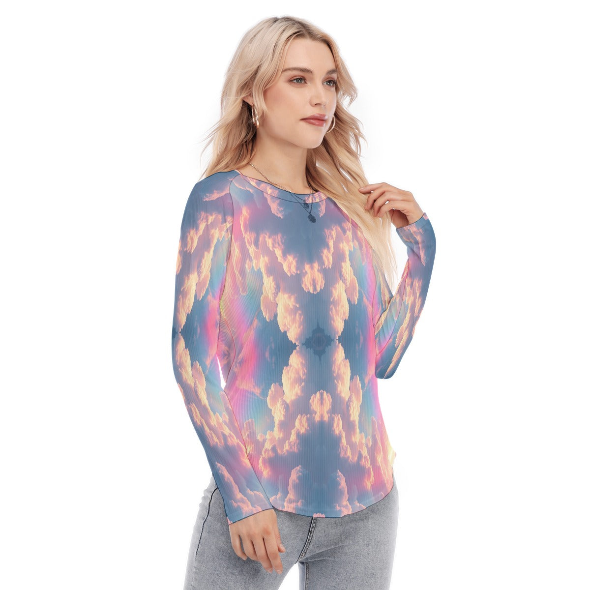 Women's Raglan Sleeves U-Shaped Hem Long Sleeves Blouse