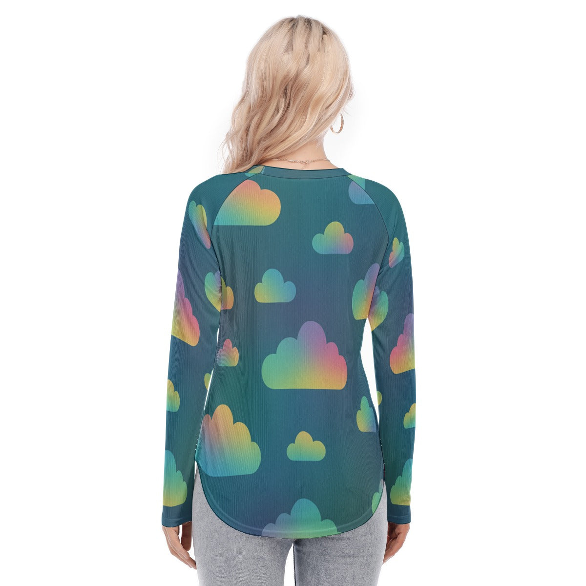 Women's Raglan Sleeves U-Shaped Hem Long Sleeves Blouse