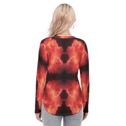 Women's Raglan Sleeves U-Shaped Hem Long Sleeves Blouse