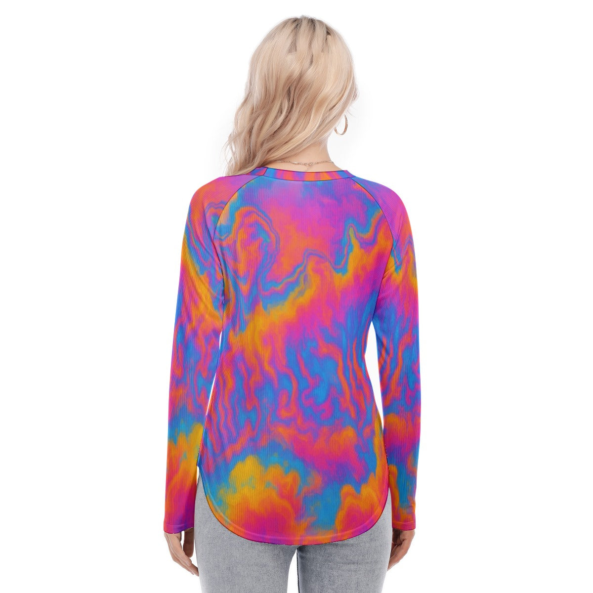 Women's Raglan Sleeves U-Shaped Hem Long Sleeves Blouse