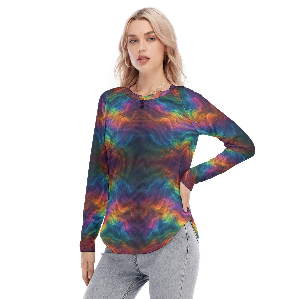 Women's Raglan Sleeves U-Shaped Hem Long Sleeves Blouse
