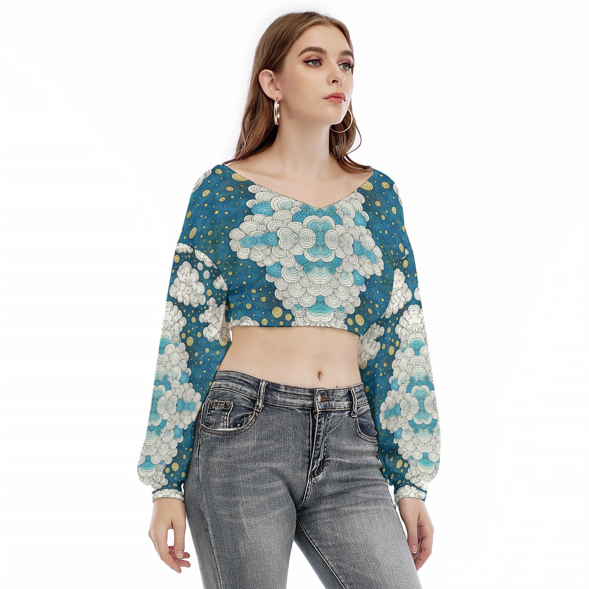 Women's V-neck Long Sleeve Cropped Sweatshirt