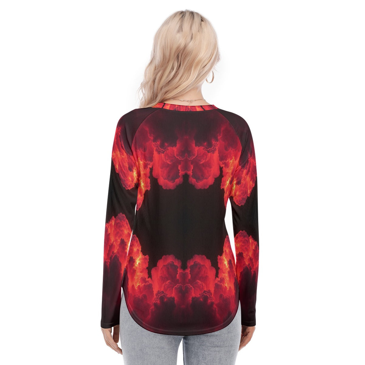 Women's Raglan Sleeves U-Shaped Hem Long Sleeves Blouse