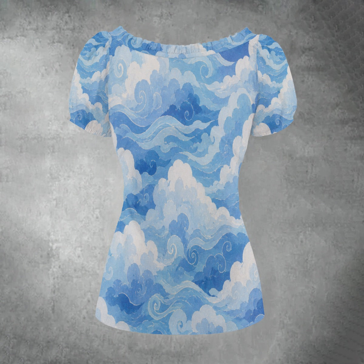 All-over print Women's Puff Sleeve Pleated Shirt