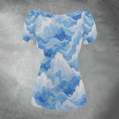 All-over print Women's Puff Sleeve Pleated Shirt