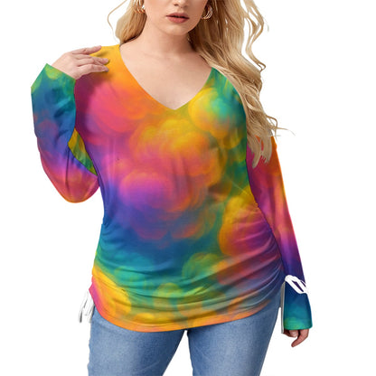 Unisex Women’s V-neck T-shirt With Side Drawstring(Plus Size)