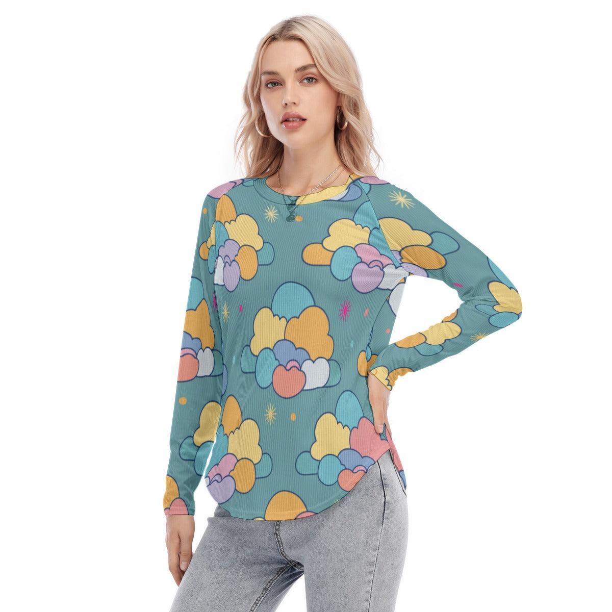 Women's Raglan Sleeves U-Shaped Hem Long Sleeves Blouse