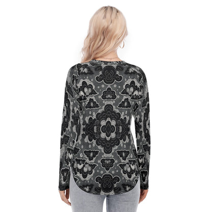 Women's Raglan Sleeves U-Shaped Hem Long Sleeves Blouse
