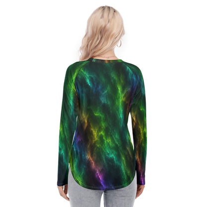 Women's Raglan Sleeves U-Shaped Hem Long Sleeves Blouse