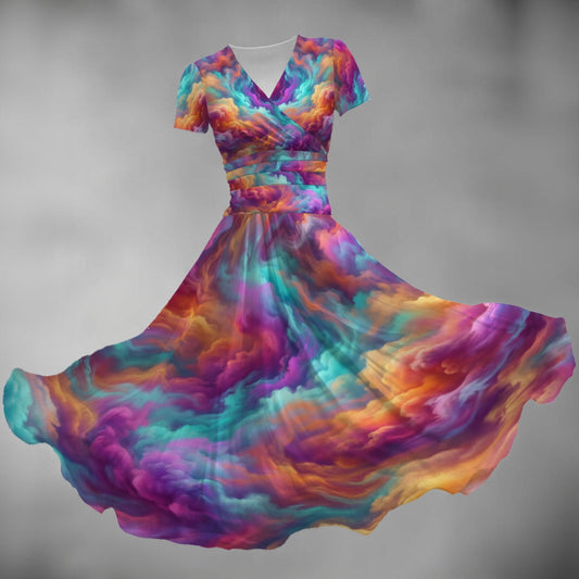 All-over Print Women's Short Sleeve V Neck Midi Dress