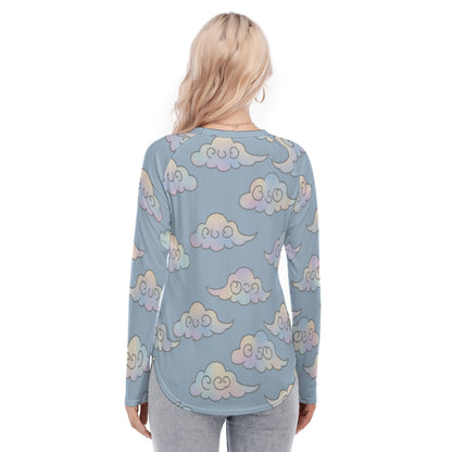 Women's Raglan Sleeves U-Shaped Hem Long Sleeves Blouse