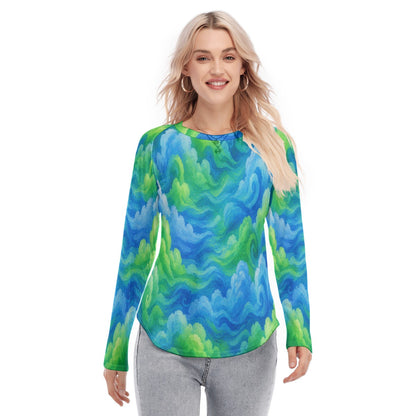 Women's Raglan Sleeves U-Shaped Hem Long Sleeves Blouse