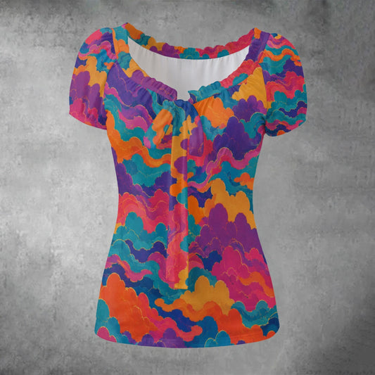 All-over print Women's Puff Sleeve Pleated Shirt