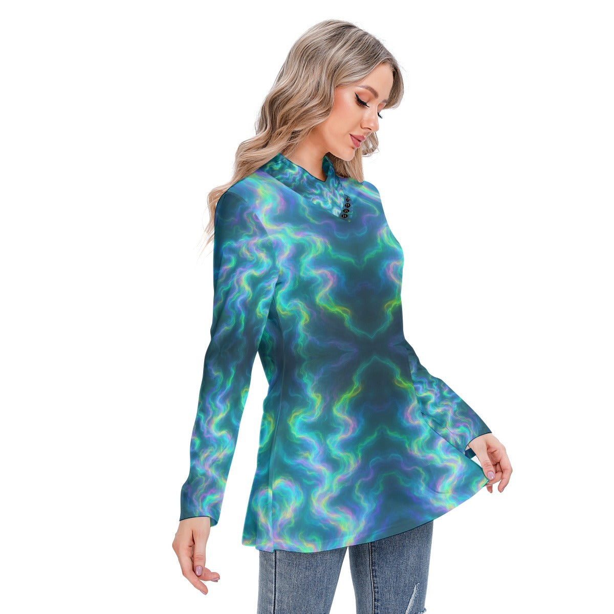 Women's Long-sleeved Heap-neck Slim Casual Tunic Blouse