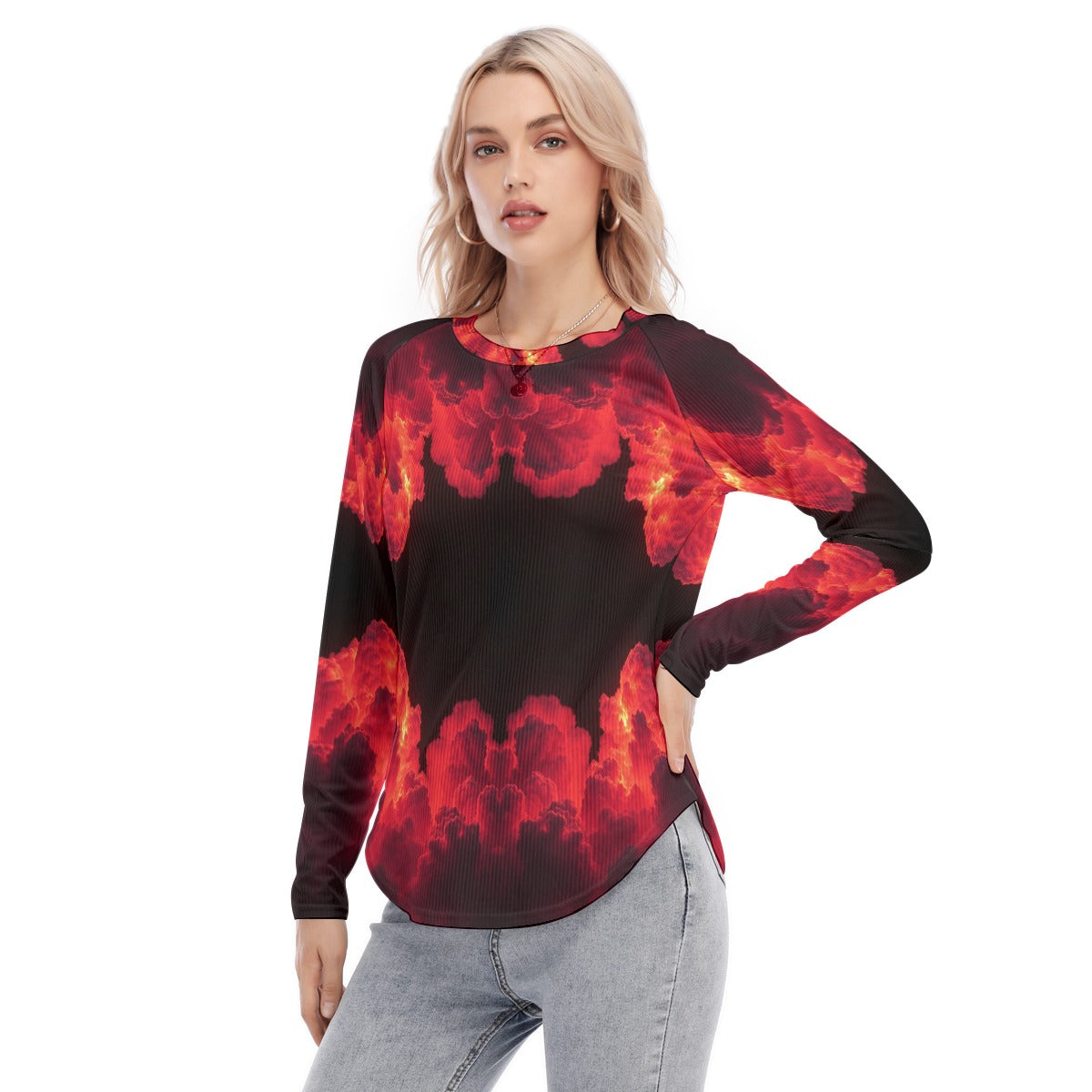 Women's Raglan Sleeves U-Shaped Hem Long Sleeves Blouse