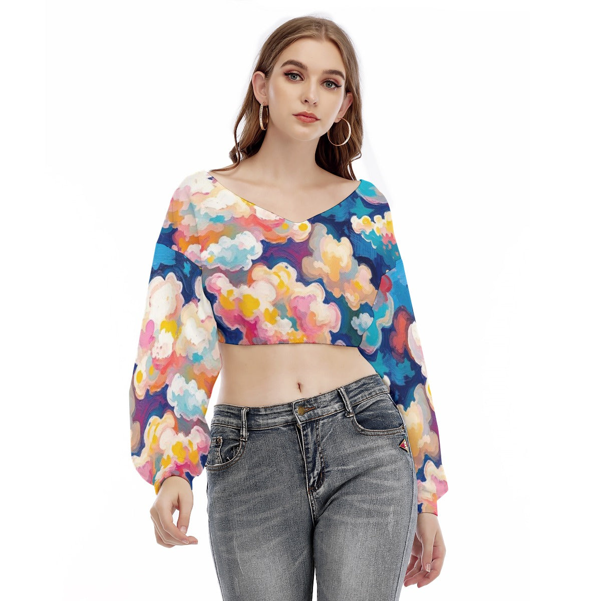 Women's V-neck Long Sleeve Cropped Sweatshirt