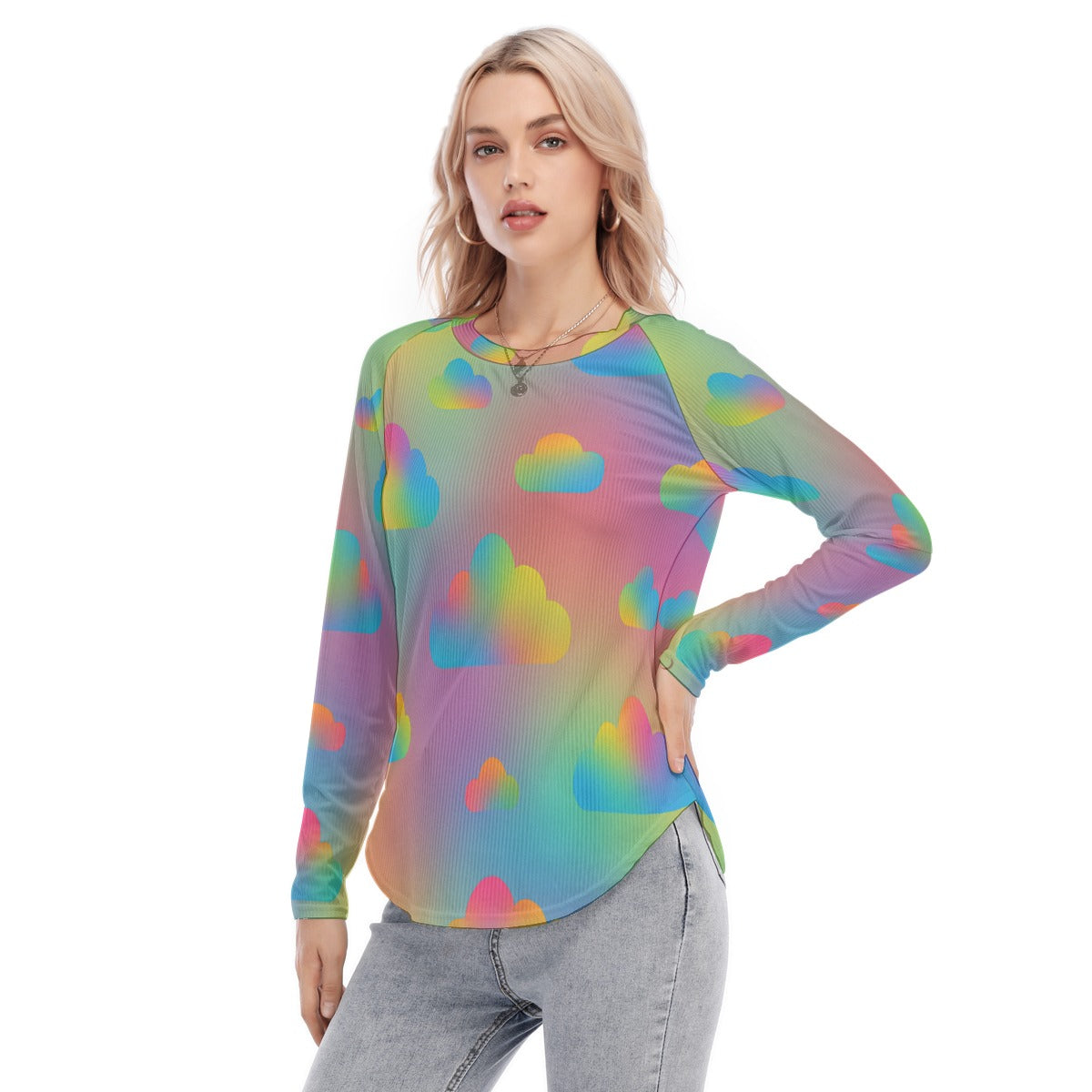 Women's Raglan Sleeves U-Shaped Hem Long Sleeves Blouse