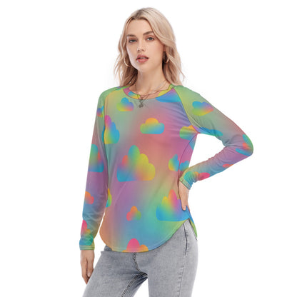 Women's Raglan Sleeves U-Shaped Hem Long Sleeves Blouse